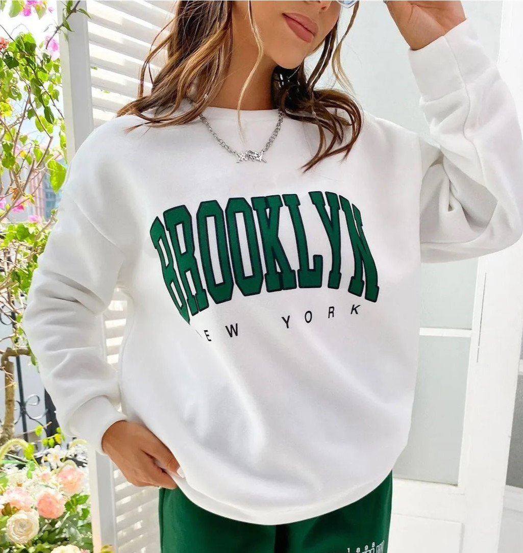 Kadın Bisiklet Yaka Brooklyn Baskılı üç Iplik Kumaş Sweat