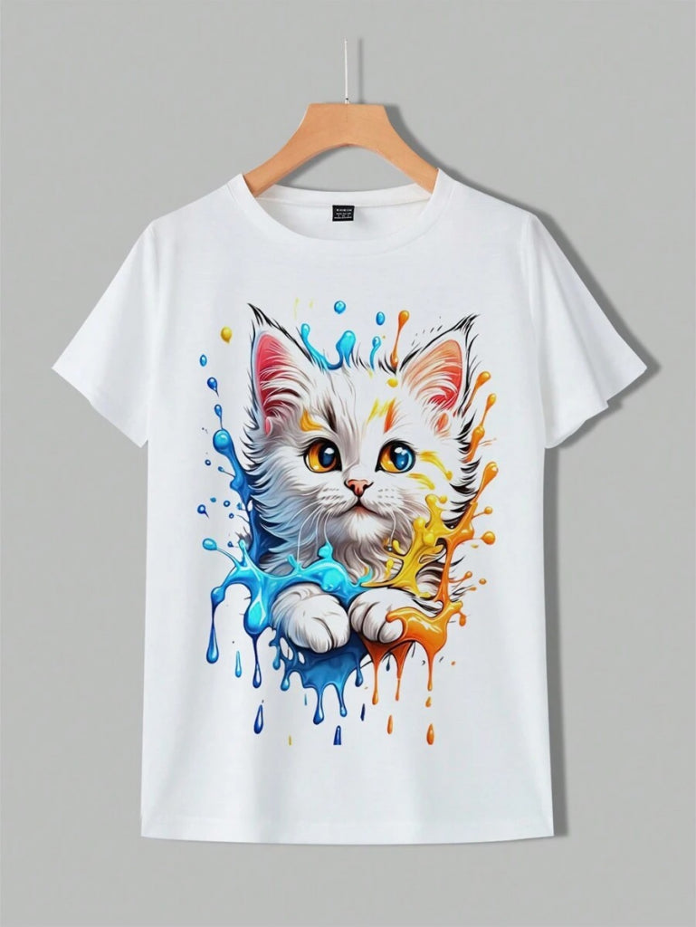 Kadın Kedi Baskılı Bisiklet Yaka Süprem T-shirt