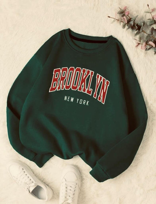 Kadın Bisiklet Yaka Brooklyn Baskılı üç Iplik Kumaş Sweat