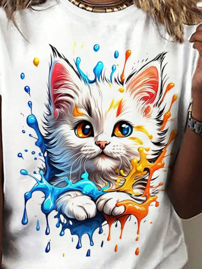 Kadın Kedi Baskılı Bisiklet Yaka Süprem T-shirt