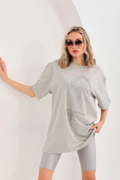 Unisex Taş Desenli Oversize T-Shirt - Gri