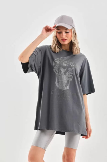 Unisex Taş Desenli Oversize T-Shirt - Füme