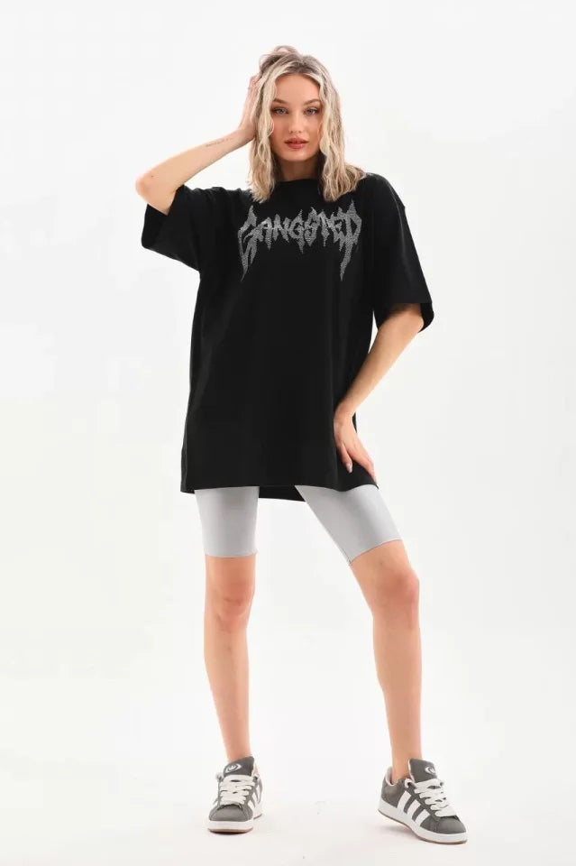 Unisex Taş Desenli Oversize T-Shirt - Siyah