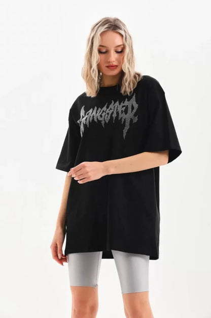 Unisex Taş Desenli Oversize T-Shirt - Siyah