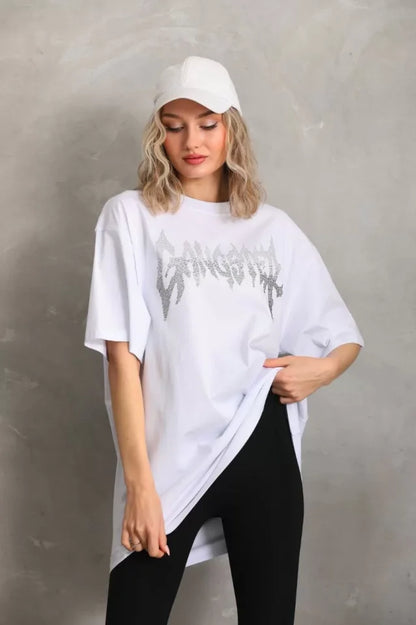 Unisex Taş Desenli Oversize T-Shirt - Beyaz