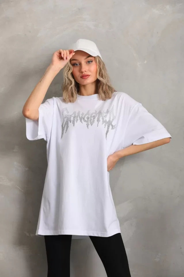 Unisex Taş Desenli Oversize T-Shirt - Beyaz