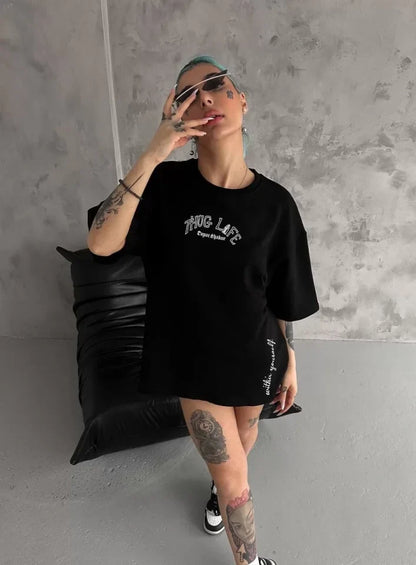 Unisex Baskılı Oversize T-Shirt - Siyah