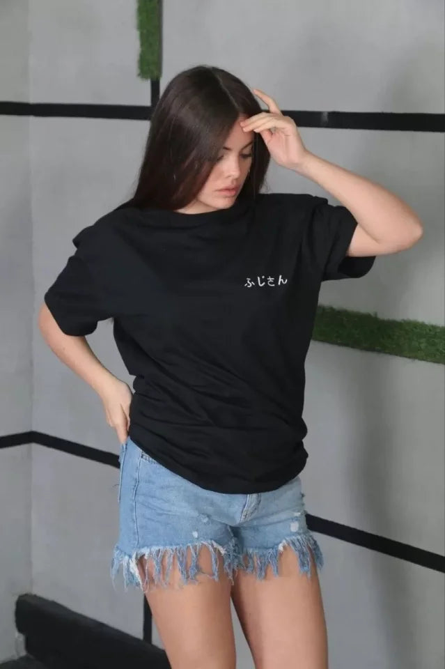 Unisex Bisiklet Yaka Baskılı Oversize T-Shirt - Siyah