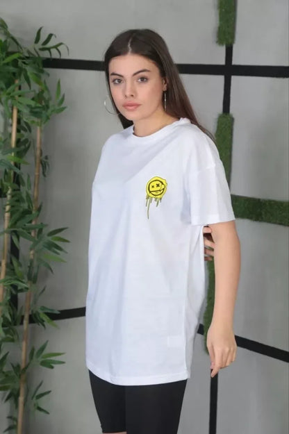 Unisex Bisiklet Yaka Baskılı Oversize T-Shirt - Beyaz