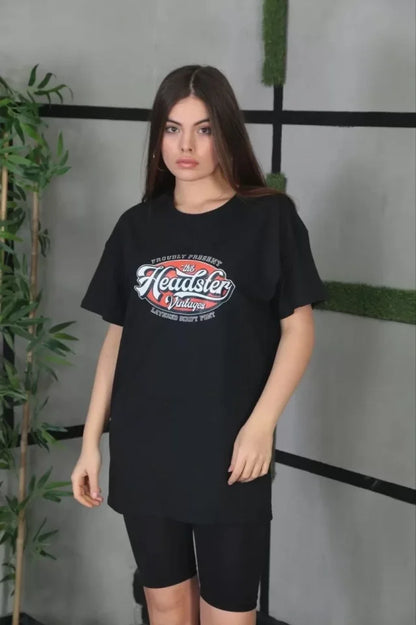 Unisex Baskılı Oversize T-Shirt - Siyah