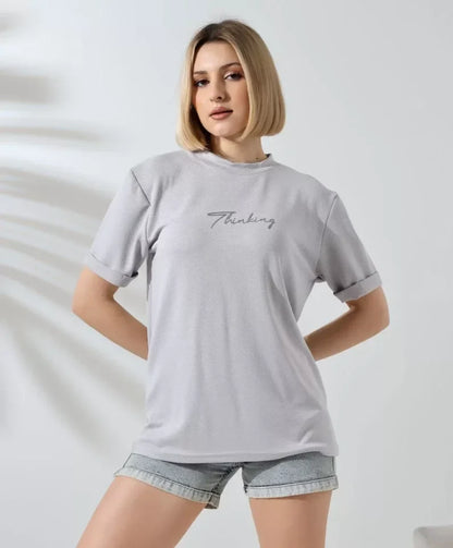 Unisex Bisiklet Yaka Baskılı Slim Fit T-Shirt - Boyalı Gri