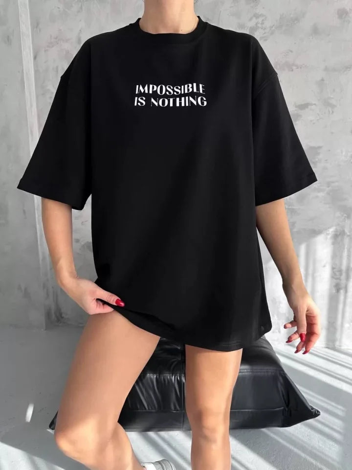 Unisex Bisiklet Yaka Baskılı Oversize T-Shirt - Siyah