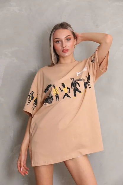 Unisex Bisiklet Yaka Baskılı Oversize T-Shirt - Bej