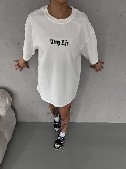 Unisex Bisiklet Yaka Baskılı Oversize T-Shirt - Beyaz