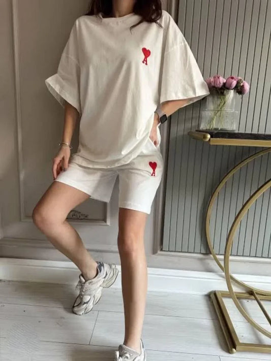 Unisex Baskılı Şortlu Oversize Takım - Beyaz