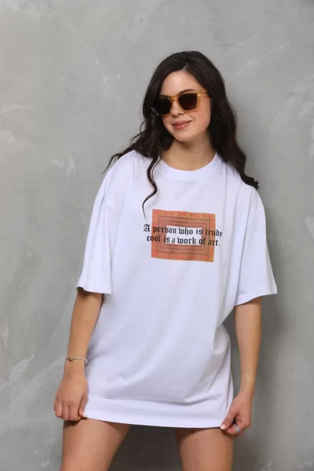 Unisex Bisiklet Yaka Baskılı Oversize T-Shirt - Beyaz