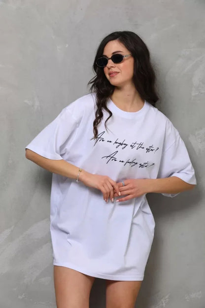 Unisex Bisiklet Yaka Baskılı Oversize T-Shirt - Beyaz