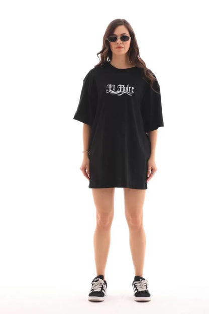 Unisex Bisiklet Yaka Baskılı Oversize T-Shirt - Siyah