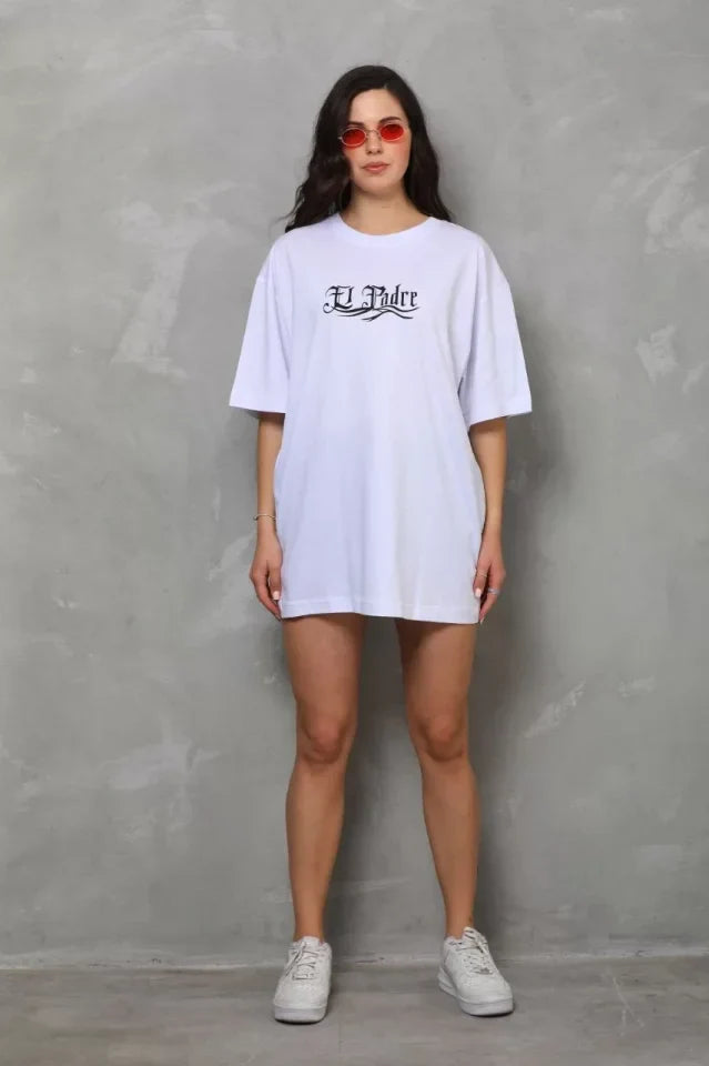 Unisex Bisiklet Yaka Baskılı Oversize T-Shirt - Beyaz