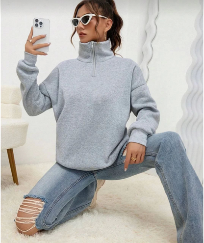 Unisex Uzun Kol Yarım Farmuarlı Yakalı Basic SweatShirt - Gri