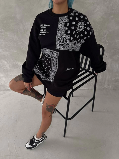 Desenli Üç İplik Bisiklet Yaka Oversize SweatShirt - Siyah