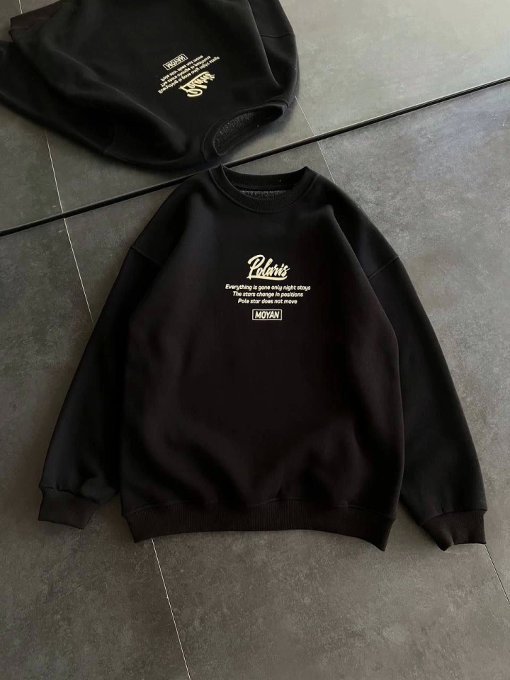 Kışlık Bisiklet Yaka Ön Ve Arka Baskılı SweatShirt - Siyah