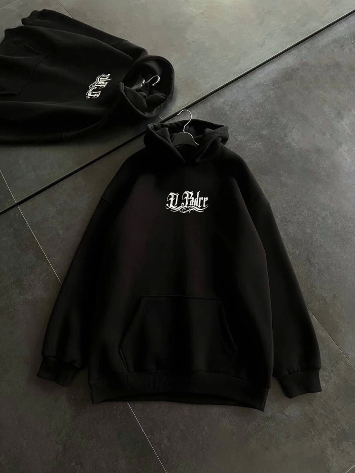 Üç İplik Penye Uzun Kol Kapşonlu Baskılı SweatShirt - Siyah