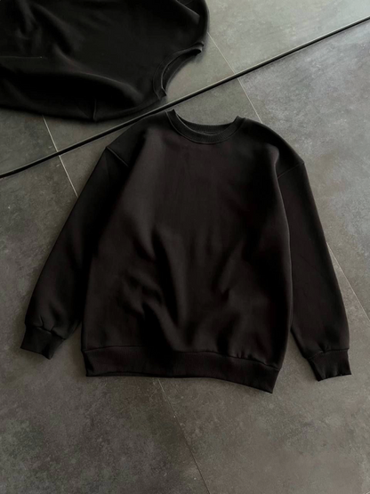 Kışlık Bisiklet Yaka Üç İplik Basic SweatShirt - Siyah