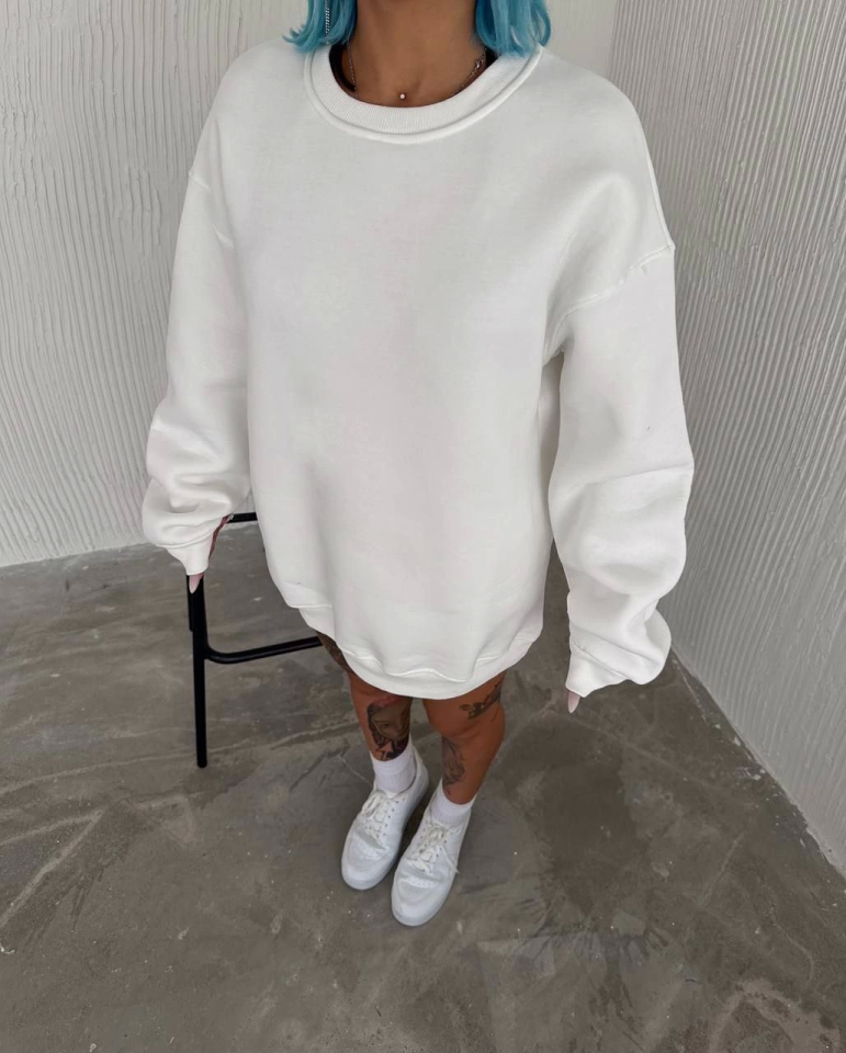 Kışlık Bisiklet Yaka Üç İplik Basic SweatShirt - Beyaz