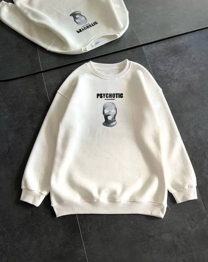 Kışlık Bisiklet Yaka Baskılı SweatShirt - Beyaz