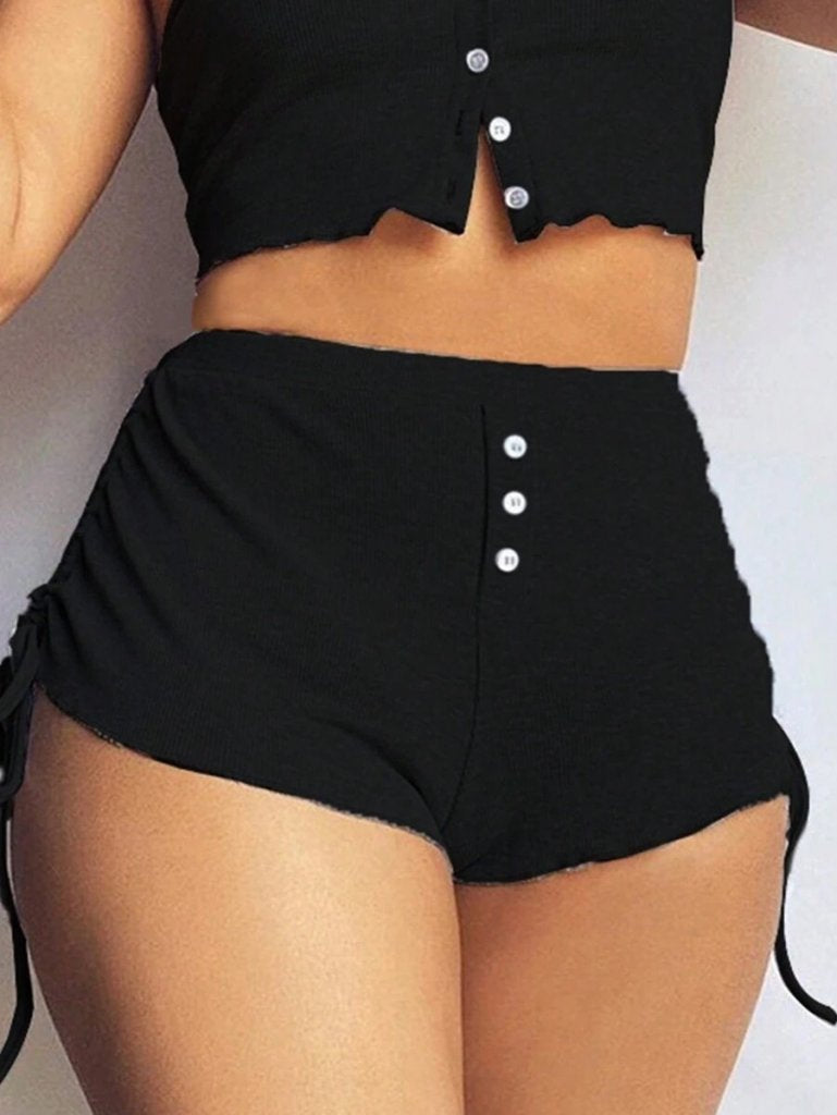 Kadın Ip Askılı Crop Bluz Ve Yanlardan Büzgülü Ikili Kaşkorse Short Takım